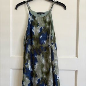 Olivaceous Green and Blue Patterned Spaghetti Strap Dress